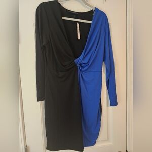 Women's Soncy Black Royal Blue Colorblock Bodycon Vneck Dress Size 10-12 NWT